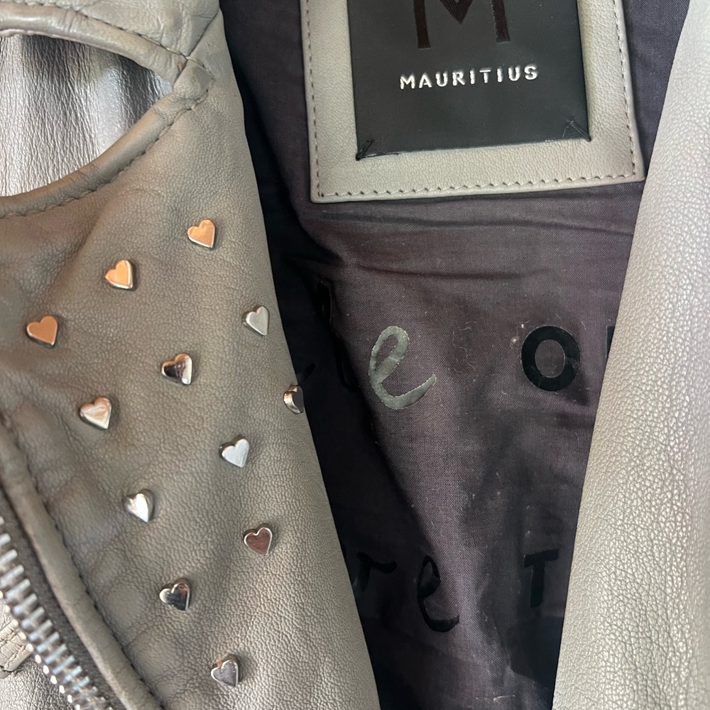 Mauritius Women's Leather Jacket - Beige with Just smile & studded hearts - Picture 3 of 13